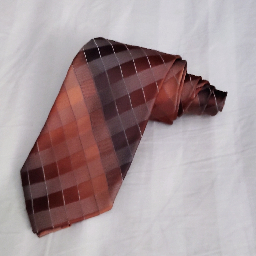 KENNETH COLE REACTION SILK TIE – Orange & Gray Plaid